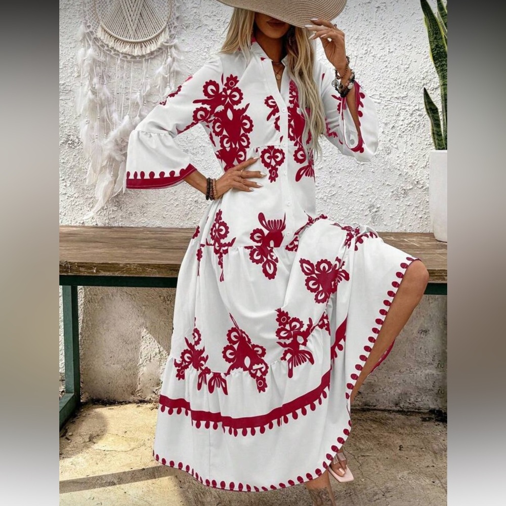 Elegant White and Red Floral Maxi Dress